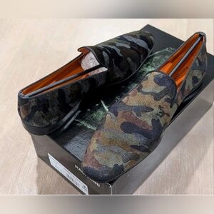 $398 Mens Magnanni "Voto" Velvet Slip On Penny Loafers Green Camo US 9